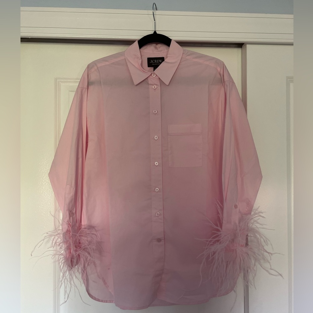 NWT J. Crew Collection Cotton Poplin Shirt with Feather Trim, Pink